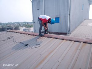 Penggantian nok atap zincalume dengan fiberglass.
