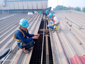 Atap fiberglass yang lama di bongkar, proses cepat dan aman.